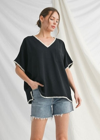 Perfect Timing Black Top With Embroidered Detail