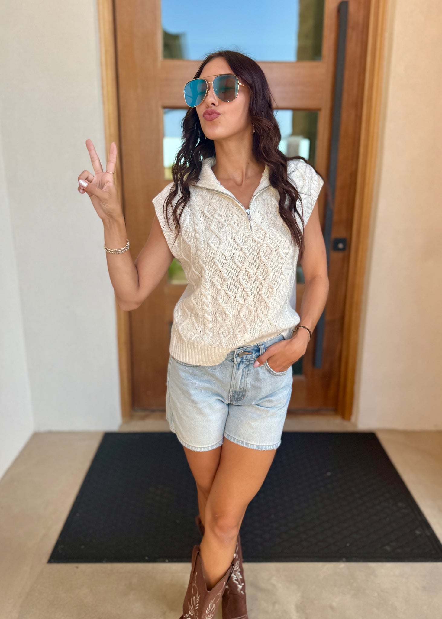 Morning Sunrise Ivory Zip Up Sleeveless Sweater Top