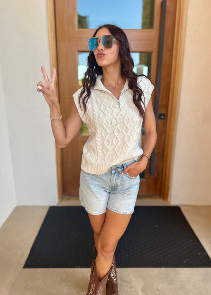 Morning Sunrise Ivory Zip Up Sleeveless Sweater Top