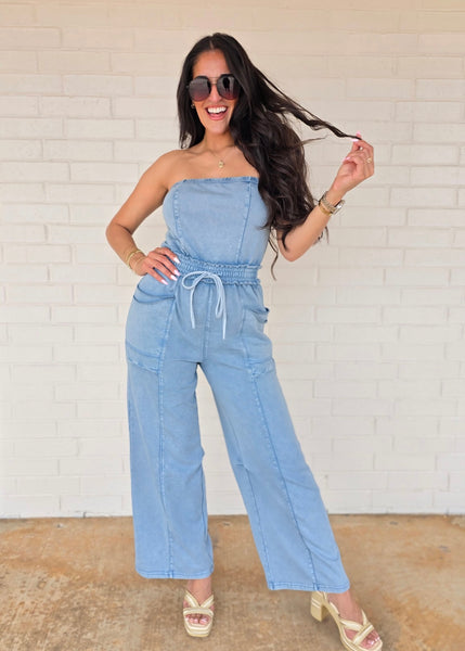 No Exposure Blue Strapless Jumpsuit