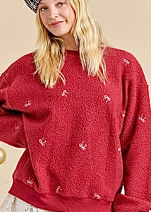 Red Bow Sherpa Pullover With Bow Print