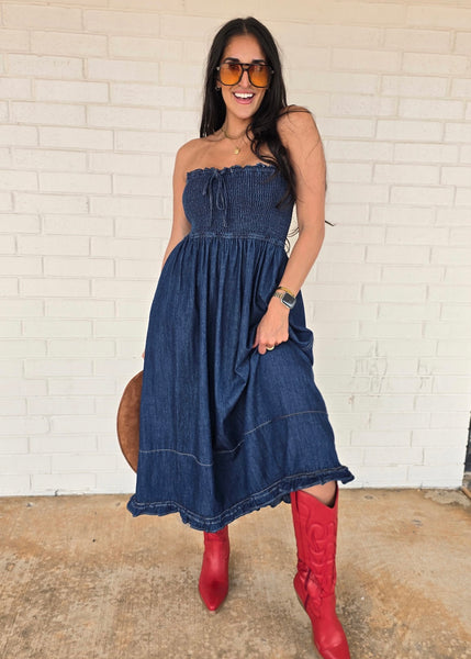 Love Language Denim Strapless Midi Dress