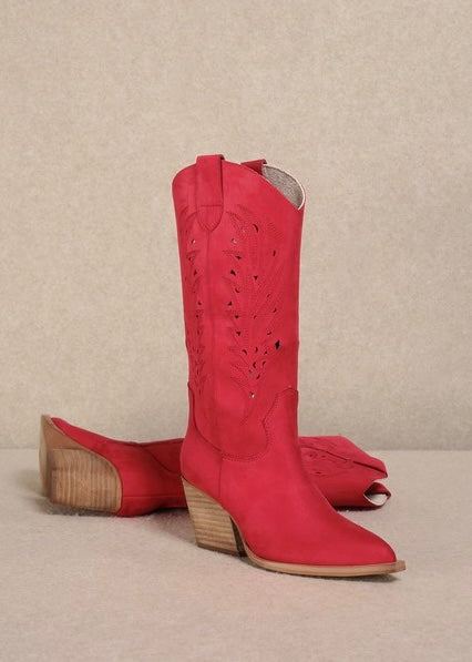 Olivia Red Cowgirl Boots With Cutout Detail