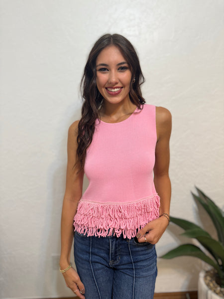 Fringe Fanatic Pink Sleeveless Knit Top With Fringe Hem
