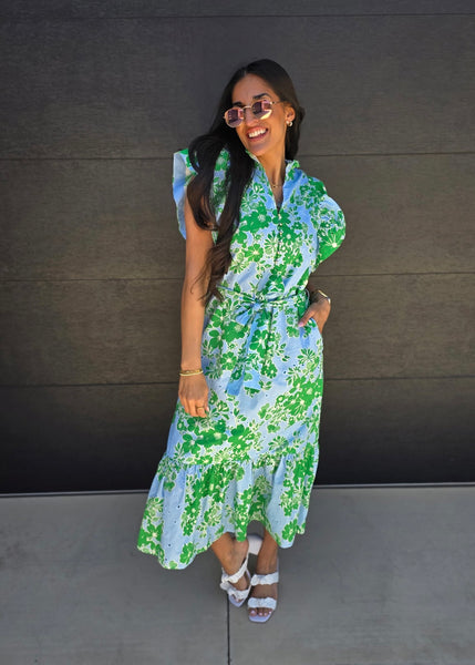Social Setting Blue & Green Floral Maxi Dress