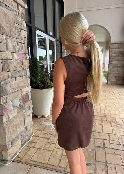 Just Thankful Brown Suede Cutout Dress