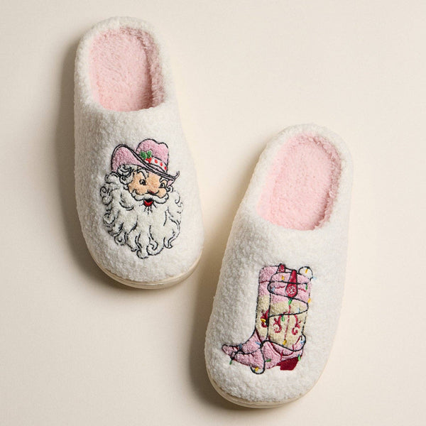 Cowboy Santa and Pink Boot Sherpa Slippers