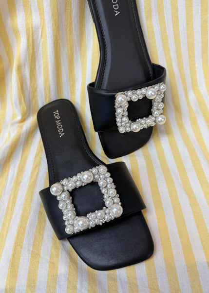 Walking Away Pearl Jewel Square Frame Black Slip On Sandal