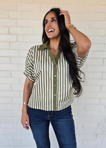 No Bother Olive/White Striped V-Neck Top