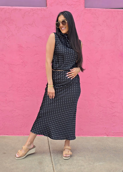 Sudden Connection Black & White Polka Dot 2 Pc Top & Midi Skirt Set