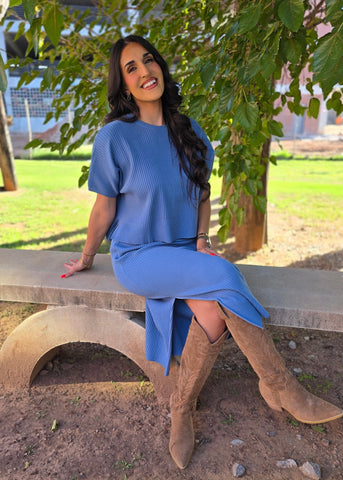 In A Breeze Blue 2 pc Ribbed Skirt Set