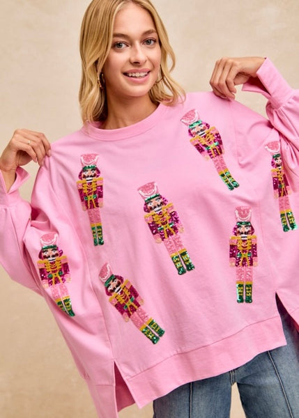 A Pink Christmas Sequin Nutcracker Pullover