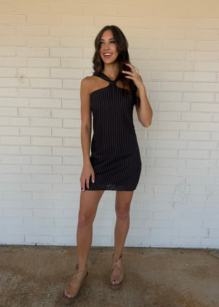 Fine Lines Black Pin Striped Halter Dress