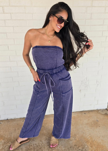 No Exposure Navy Strapless Jumpsuit