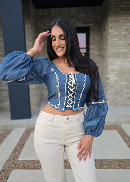 Blow My Mind Denim Lace Up Top