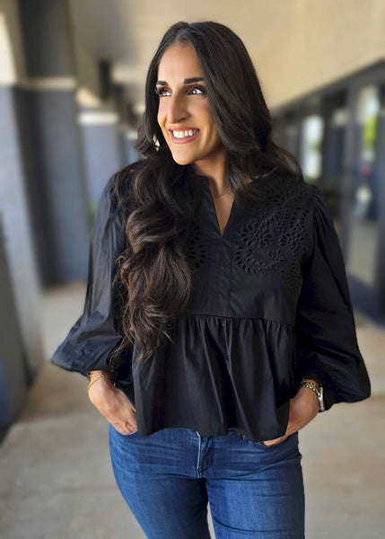 Begin Again Black Eyelet Accent Peplum Top