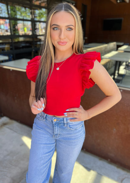 Fun Filled Days  Red Ribbed Cropped Ruffle Sleeve Top