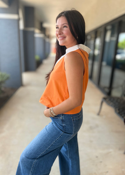 Tailgating Time Sleeveless V Neck Orange/White Poplin Top
