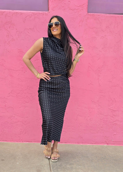 Sudden Connection Black & White Polka Dot 2 Pc Top & Midi Skirt Set