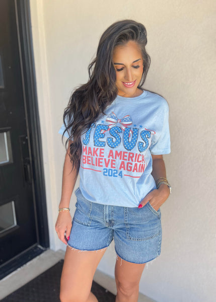 "Jesus Make America Believe Again" Blue Graphic Tee