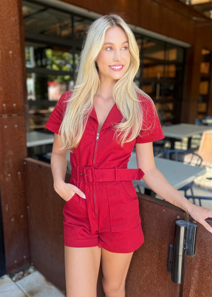 A Lesson Learned Red Denim Romper