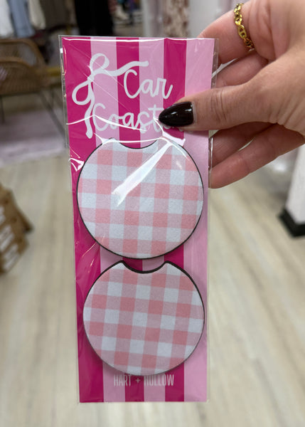 Pink Gingham Neoprene Car Coaster