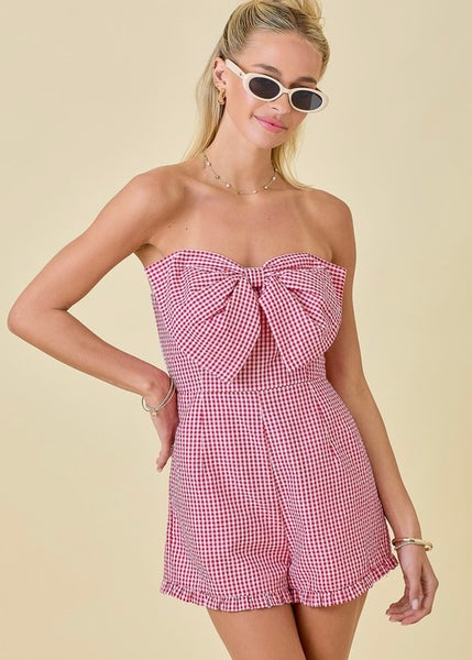 For The Bow Gingham Strapless Romper