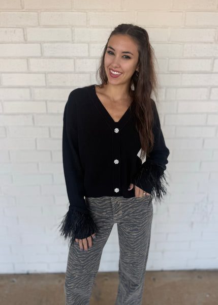 All Be Done Black Button Up Feather Sweater