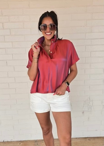 Sunset Serenade Rust Iridescent Short Sleeve Top