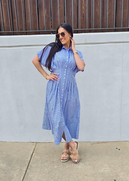Right On Time Blue Striped Midi Dress
