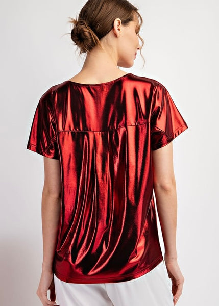 Ring In The Season Red Metallic V Neck Top