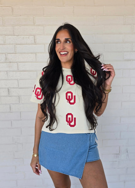 OU Ritter On Repeat Cream Crop Tee