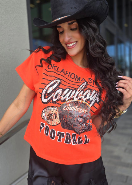 OSU Cowboys Football Rhinestoned Orange Stadium Tee