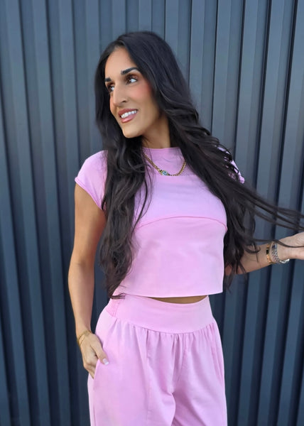Sweet Pink Solid Cropped Capped Sleeve Top