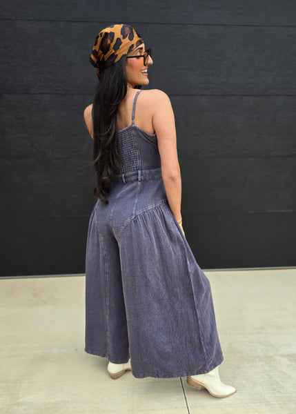Caught Out Of Town Denim Wide Leg Jumpsuit