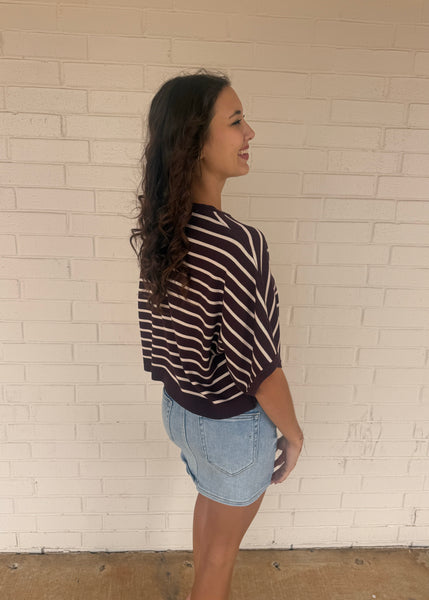The Good Life Brown & White Striped Short Sleeve Sweater Top