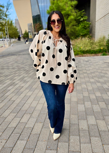 Exaggerated Polka Dot Balloon Sleeve Top