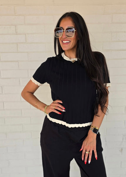 Planning Ahead Black/Cream Ribbed Knit Top