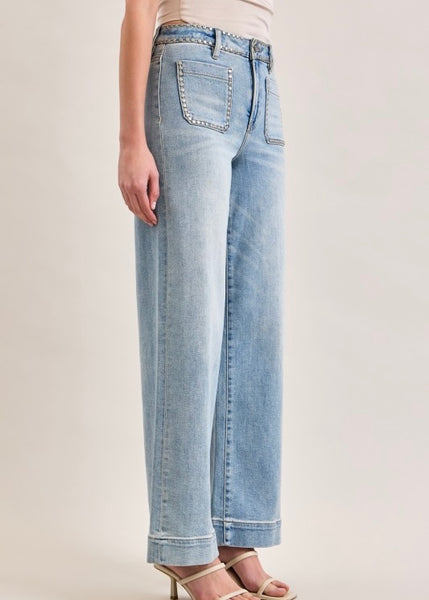 Nori High Rise Studded Wide Leg Stretch Jeans