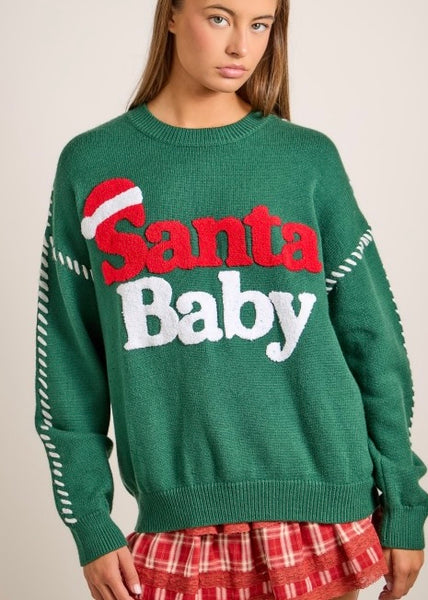 "Santa Baby" Green Christmas Knit Sweater