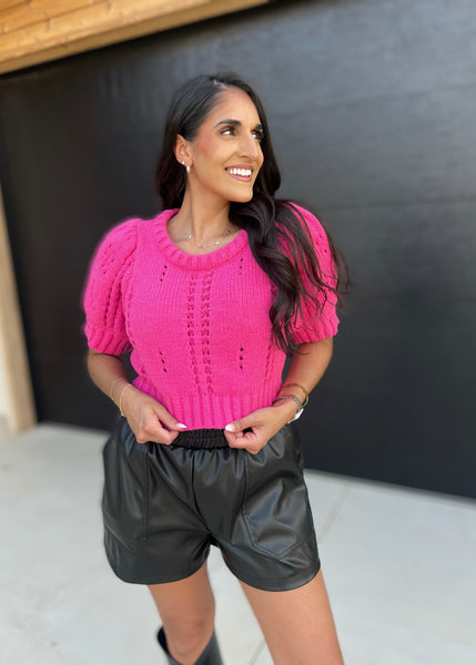 Sweet Attention Puff Sleeve Hot Pink Cropped Sweater