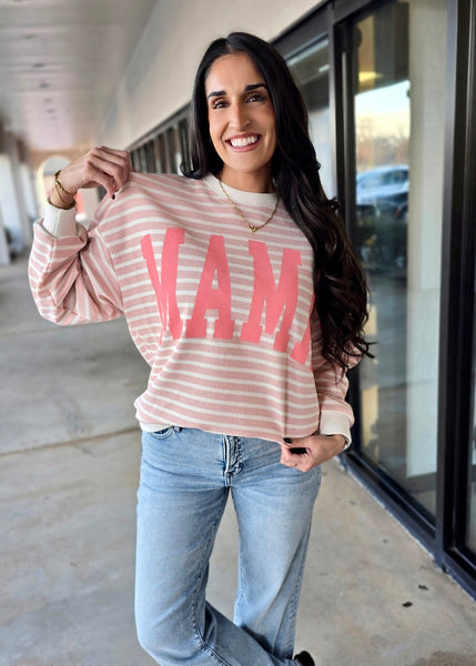 "Mama" Pink & White Stripe Knit Long Sleeve Top