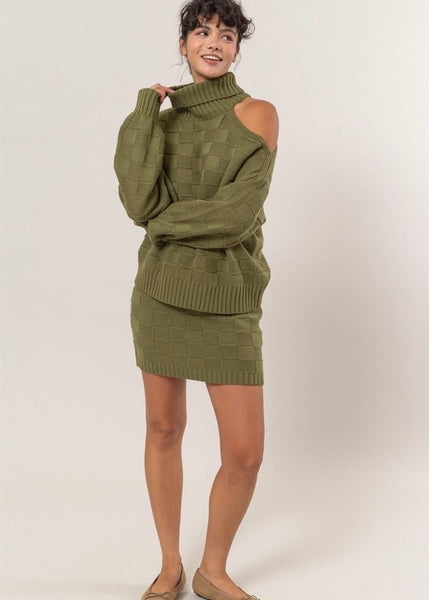 Better With You Checkered Open Shoulder Olive Sweater 2 Pc Skirt Set