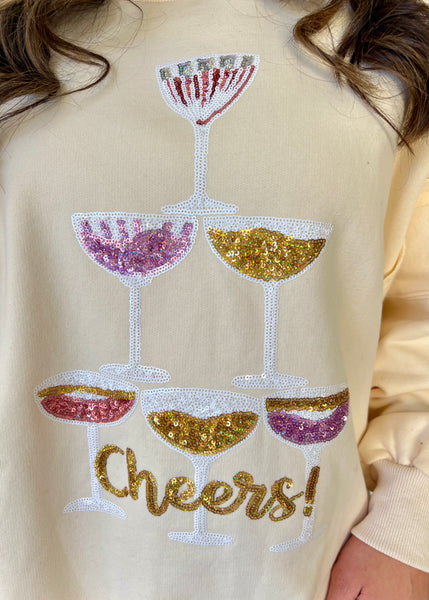 "Cheers" Sequin Patch Oversized Ivory Sweatshirt