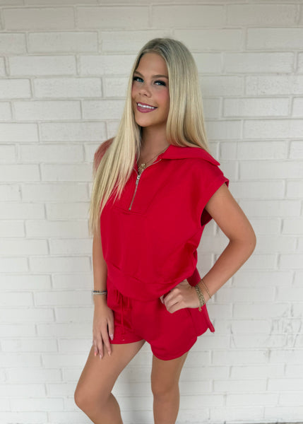 Easy Going Half Zip Sleeveless Red Sweatshirt & Short Set