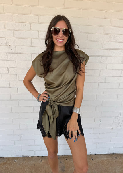 Positive Attitude Olive Asymmetrical Tie Waist Blouse