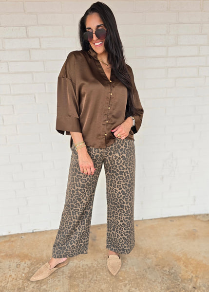 Makes Sense Brown Gold Button Up Blouse