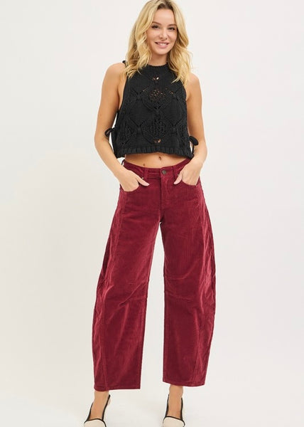 Adeline Crimson Corduroy Barrel Pants