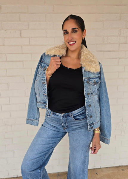 Think Faux Fur Collar Denim Jacket
