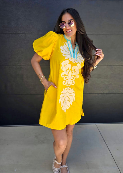 Out To Brunch Yellow Puff Sleeve Dress